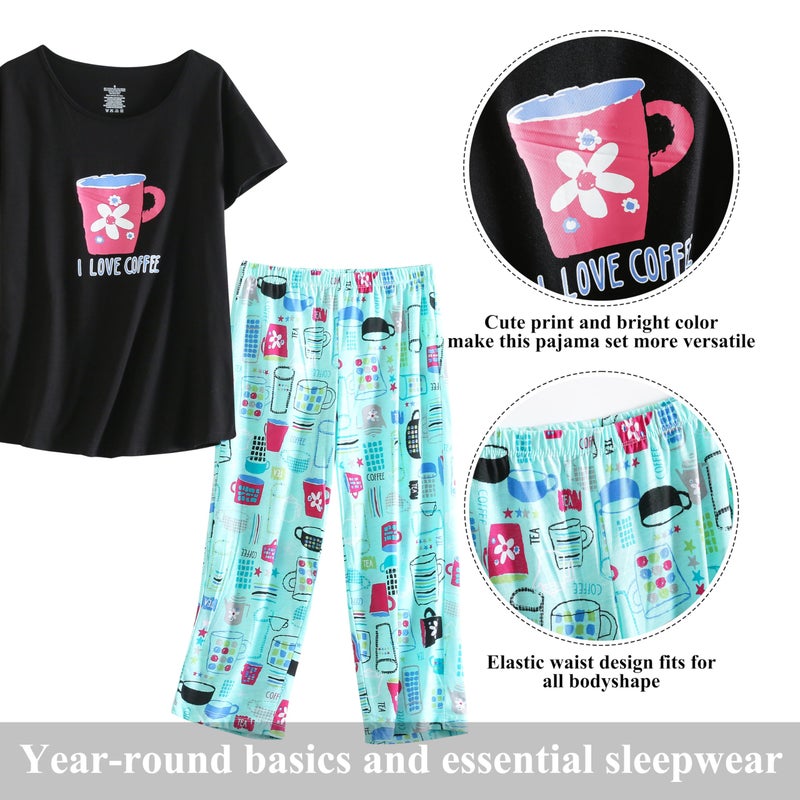 PNAEONG Women Pajama Set Sleepwear Tops with Capri Pants Casual and Fun Prints Pajama Sets I Love Coffee 2XL - Image 2